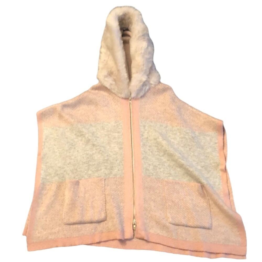 Steve Madden Jacket Poncho Size One Size (Women's) Faux Fur Hood Pink and Grey